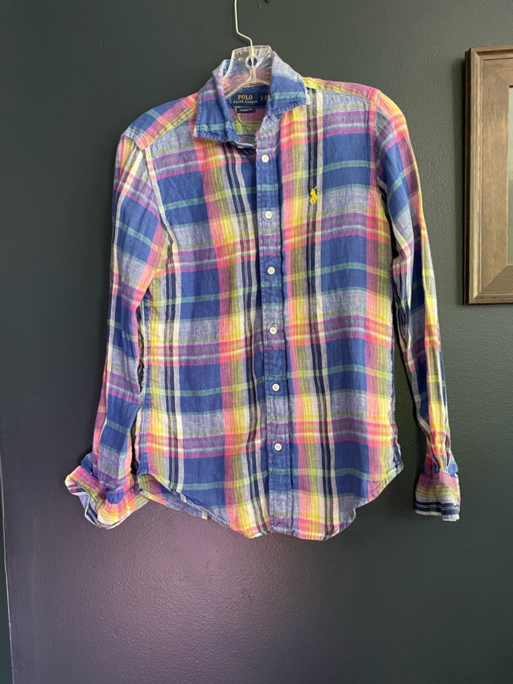 Polo Ralph Lauren Plaid Linen Shirt Button Up Classic Denim - Picture 4 of 5